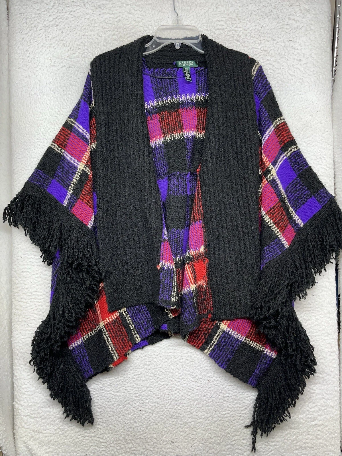 Lauren Ralph Lauren Poncho Womens Petite Small Purple Pink Plaid Knit Fringe