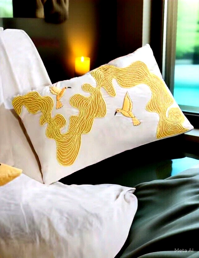 Funda de Cojín Bordada a Mano de Pájaro Terciopelo Premium Off White/Amarillo, Juego de 2 Foto 2 de 4