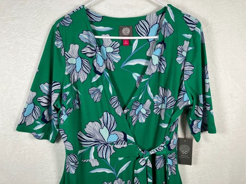 VINCE CAMUTO Green Floral Wrap Dress $128 Size 14 Stretch Knit Short Sleeve NEW - Picture 3 of 11