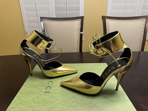 New Gucci High Heel Ankle Strap Leather Gold Pumps Shoes Size 37 / US 7 - Picture 13 of 17