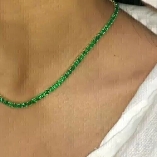Tennis Necklace 9Ct Round Cut Created Green Emerald 14K Yellow Gold Finish 16" - Picture 2 of 3