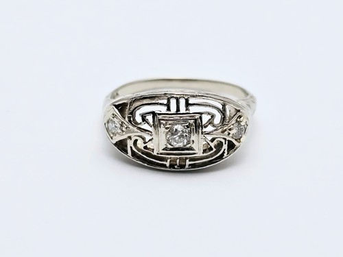 Vintage 14K Karat Solid White Gold Designer 3 Old Cut Diamond Ring - Size 5 - Picture 11 of 16