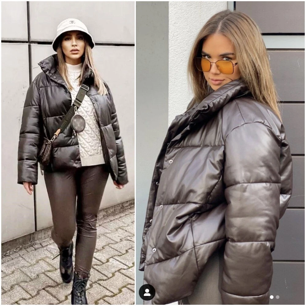 zara brown faux leather puffer