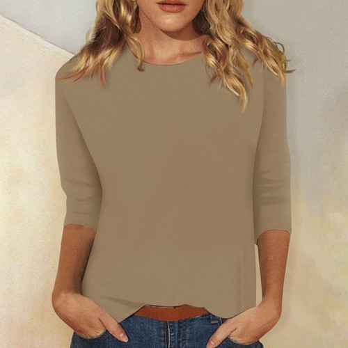 HOT WOMENS 3/4 SLEEVES ROUND NECK PLAIN T-SHIRTS FITTED TEE TOPS BLOUSE UK SIZE - Picture 32 of 34
