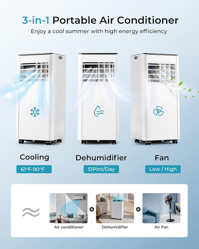 8,000 BTU Portable Air Conditioners, 4-In-1 Portable AC Unit up to 350 Sq.Ft, 4 - Picture 3 of 8