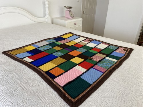 Vintage Hand Knitted Squares Wool Afghan / Throw Blanket Knee Rug 90 Cm² - Picture 7 of 10