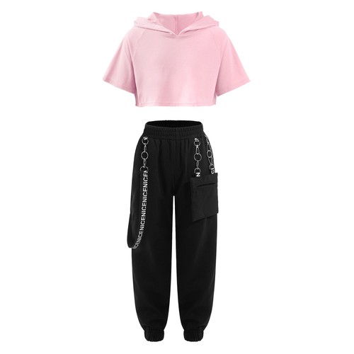 Girls Hip Hop Dance Clothes Short Sleeve Hooded Crop Top with Sweatpants Sets - Picture 13 of 45