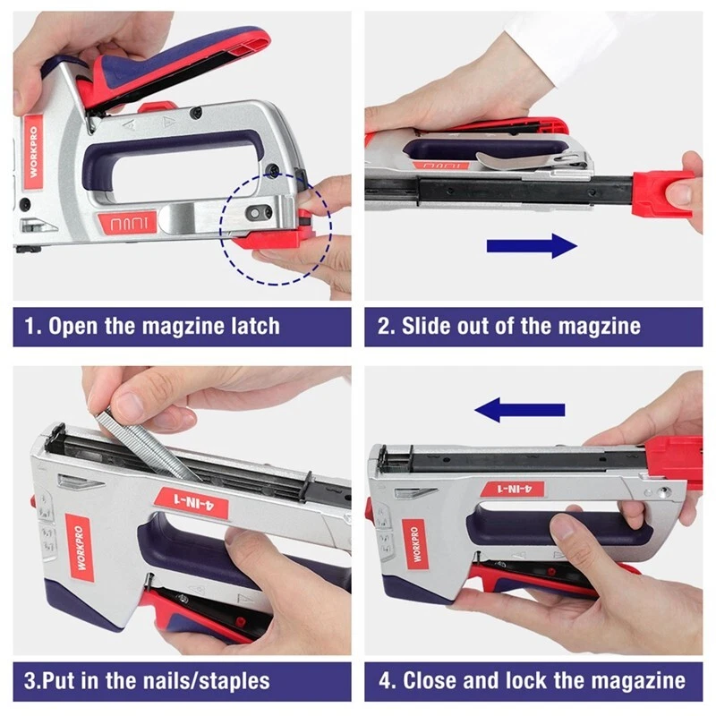 Kit de pistola grapadora 4 en 1 de alta resistencia WORKPRO con 3000 grapas y 1000 clavos Brad Foto 4 de 4