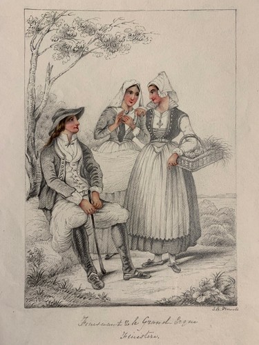 French 19th Century Pencil and Watercolor Drawing of Foreigner and Breton Women - Photo 10 sur 12