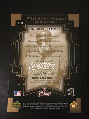 LANCE BERKMAN 2003 UD SWEET SPOT PATCHES BASEBALL CARD #LB1 - HOUSTON ASTROS - Picture 2 of 2