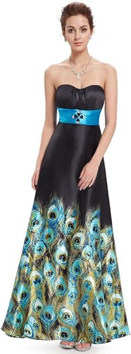 Ever Pretty Strapless Black Satin Evening Dress Peacock Print Rhinestones UK10 - Picture 4 of 15