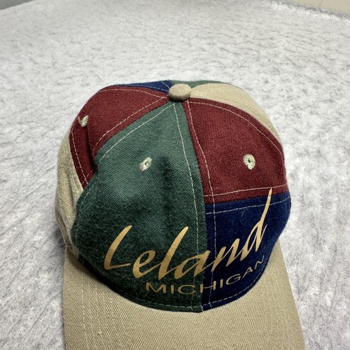 Vintage 1990s Leland Michigan Panel Strapback Hat Cap Green Blue Adjustable - Picture 3 of 11