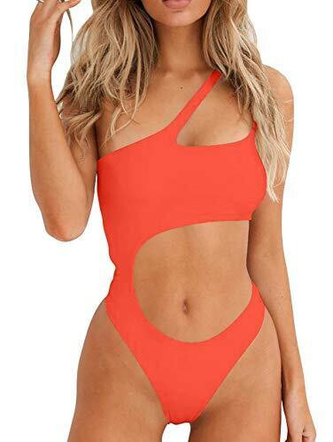 BEAGIMEG Womens One Shoulder Bathing Suit Cut Out One Piece Swimsuit Red - Picture 4 of 4