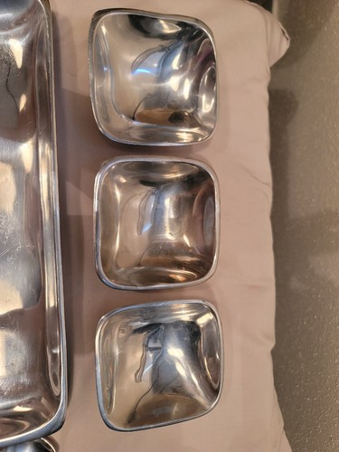 POTTERY BARN Condiment Tray Set Barona Silver 7 Piece Aluminum Silver Platter - Picture 8 of 16