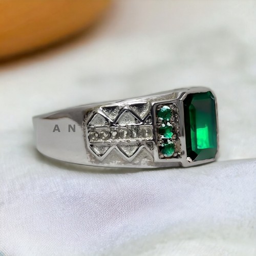 Emerald Gemstone With 925 Sterling Silver Ring For Men's #AL615 - Picture 2 of 8