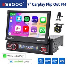 Single 1 DIN 7" Flip Out Car Stereo HD Radio Apple CarPlay Touch Screen Camera