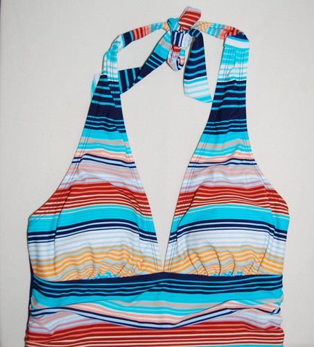 NWT Jantzen Women's Blue Multicolored Striped 1-Pc Halter V-Neck Swimsuit sz 8 - Picture 3 of 11