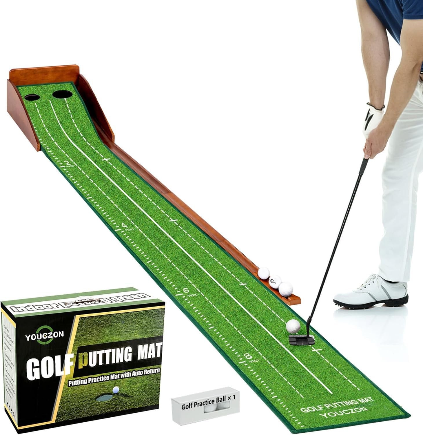 YOUCZON Putting Green Indoor, No Hump Golf Mat with Auto Ball Return - Easy t...