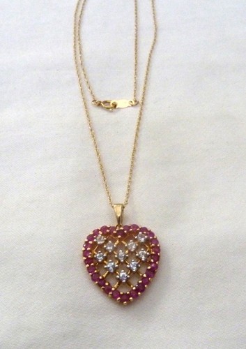 14K YELLOW GOLD 1 CTTW DIAMONDS & RUBIES HEART PENDANT CHAIN NECKLACE ~ 18.5" - Picture 2 of 14