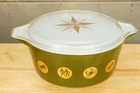 Vintage Kitchen Pyrex Olive Green Gold Zodiac Pattern Casserole Baking Dish 2.5Q