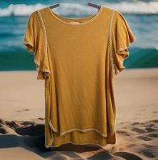 Max Studio Womens M Short Ruffle Cap Sleeve Hippie Top Yellow Embroidered EC