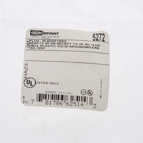 Bryant/Hubbell Plug-In 3-Prong Grounding Adapter 15A 125V 5272 - Picture 5 of 5