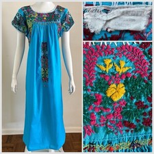 1970s Turquoise Cotton Oaxacan Mexican Huipil Dress Embroidered Floral Maxi VTG