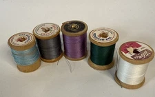 Vintage Wooden Spools Of Thread Various Brands/Colors Lot Of 5