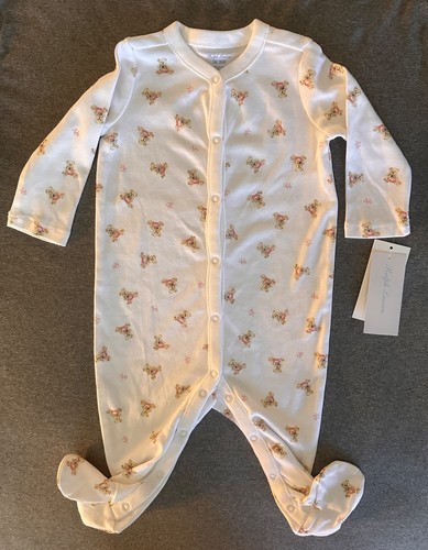 Neu mit Etikett Ralph Lauren Baby Mädchen Polo Bear Overall Strampler Größe 6M Farbe weiß bunt