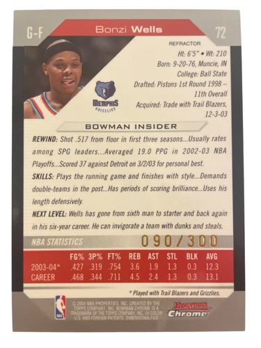 2004-05 Bowman rifrattore cromato /300 Bonzi Wells #72 - Foto 2 di 2