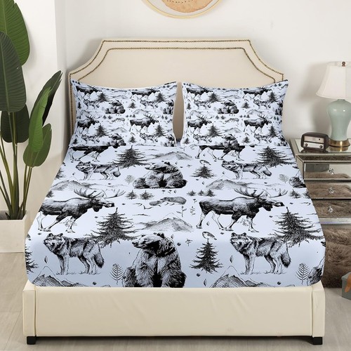Bear Bed Sheets for Rustic Cabin,Grey Deer Moose Wolf Mountain Sheet Set Quee... - Picture 3 of 6