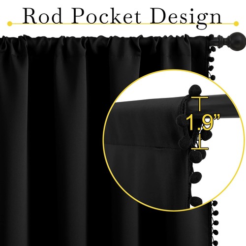 Black Blackout Pom-poms Curtain Drapes, Rod Pocket Thermal Insulated Bohemian... - Picture 3 of 7