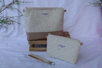 Tailored by Emma Beige Floral Fabric Makeup Bag Set with Zipper handmade