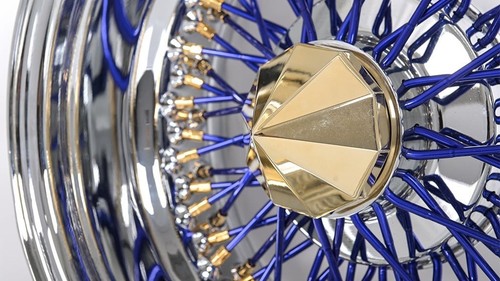 14x7" LA Wire Wheels Reverse 72-Spoke Cross Lace Blue Spoke/Gold Plating/Chrome - Picture 9 of 10