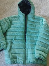Eddie Bauer Girls Puffer Down Jacket Girls L 14/16 Hooded Reversible Teal Floral