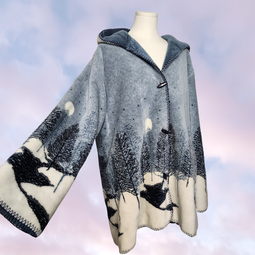 Vtg 90s Fuzzy Comfy Soft Winter Snow Night AOP Blue White Hooded Coat Sz 1X - Picture 2 of 9