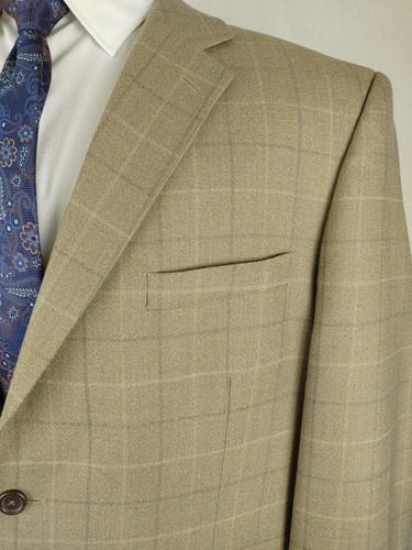 Joseph & Feiss Gold Sport Coat Mens 46R Check Olive Wool Two Button Plaid Taupe - Picture 2 of 16