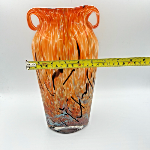 VTG Murano Hand-Blown Orange & Blue Splatter Art Glass Vase Applied Handles - Picture 9 of 9
