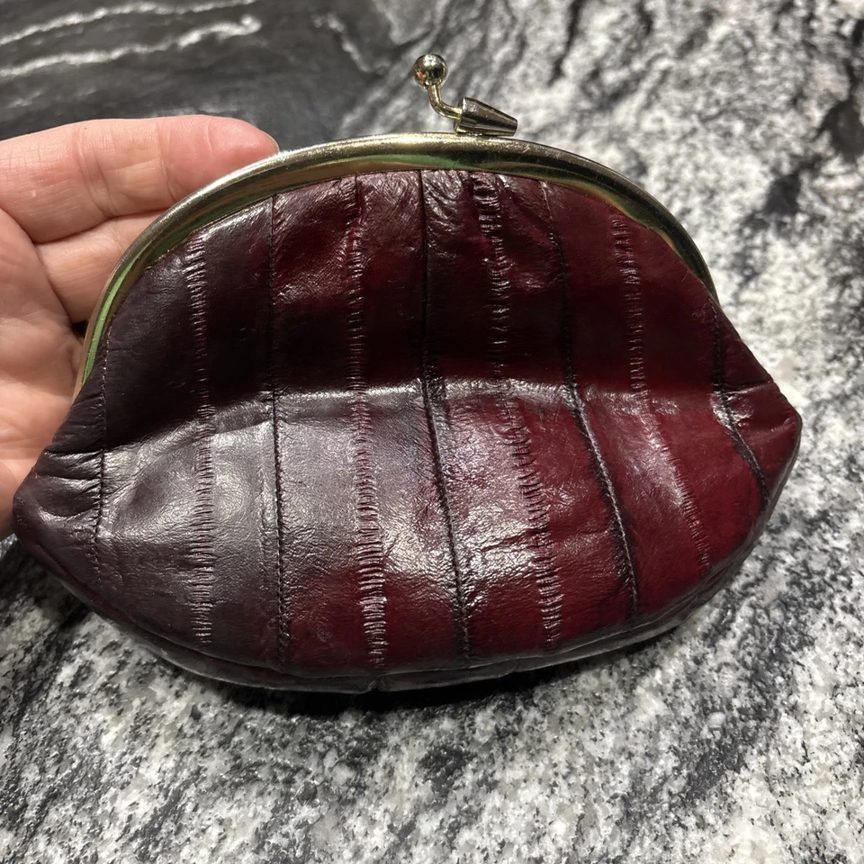 Monedero de Colección Genuino LeeSands Marrón PIEL DE ANGUILA Cuero Doble Bloqueo de Beso Foto 4 de 4