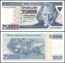 Turkey 250000 Lira, L.1970 (1998 ND), P-211, UNC, Prefix I