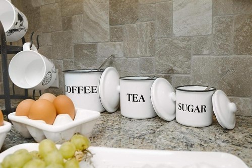 Coffee Tea Sugar Enamel Metal Containers with Lids Set, Multicolor - Picture 2 of 6