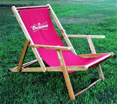 Rare Folding Budweiser Advertising Wood And Canvas Cabana Beach Chair Ebay