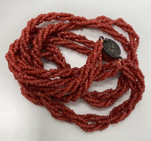 ANTIQUE MULTI STRAND RED CORAL CHIP CHINESE EXPORT FILAGREE CLASP NECKLACE - 第 4/7 張圖片