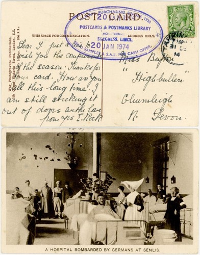 WW1 PPC 1914 MILITARY HOSPITAL SENLIS FRANCE BOMBARDED SHELL HOLES ..GB USED - Picture 3 of 3