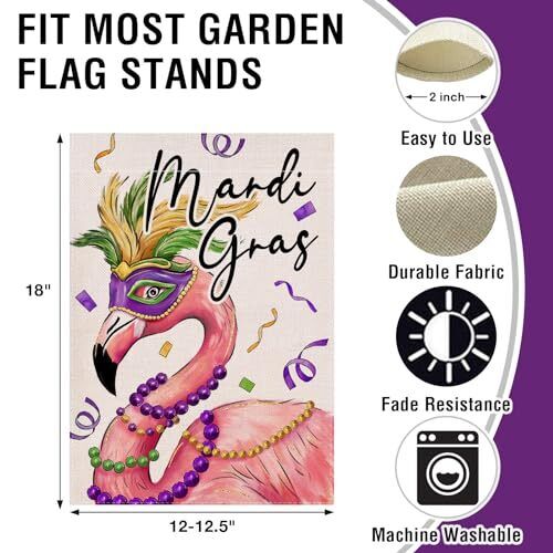 Mardi Gras Flamingo Decorative Garden Flag, Mask Garden Flag (12'' x 18'') - Bild 2 von 6
