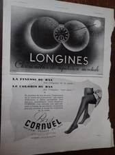 LONGINES + STOCKINGS CORNUEL + EVERSHARP + BURMA advertising paper ILLUSTRATION 1937