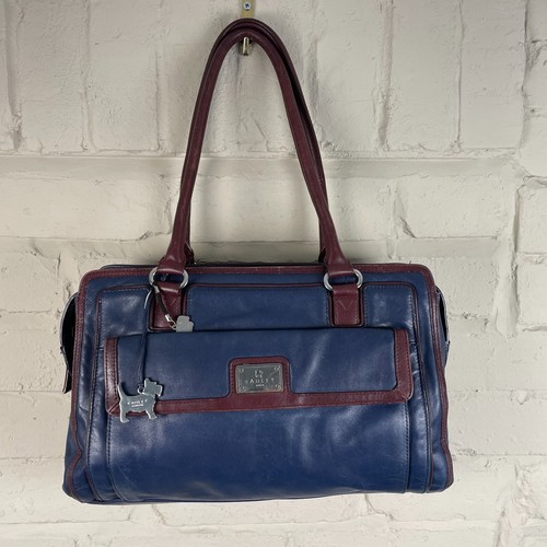 Sac à main Radley vintage cuir bleu et marron moyen bandoulière aisselles fermeture éclair