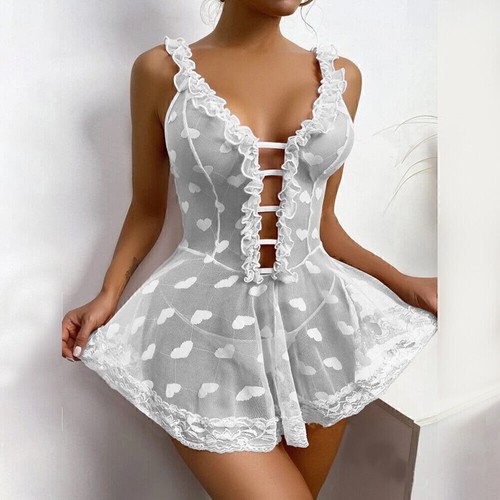 Womens Sexy Lace Nightdress Lingerie Babydoll Ladies See-through Nightwear PJs - Picture 9 of 21
