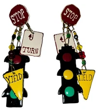 LUNCH AT THE RITZ "SIGNALS" DANGLE PIERCED EARRINGS - STOP SIGN TRAFFIC LIGHTS