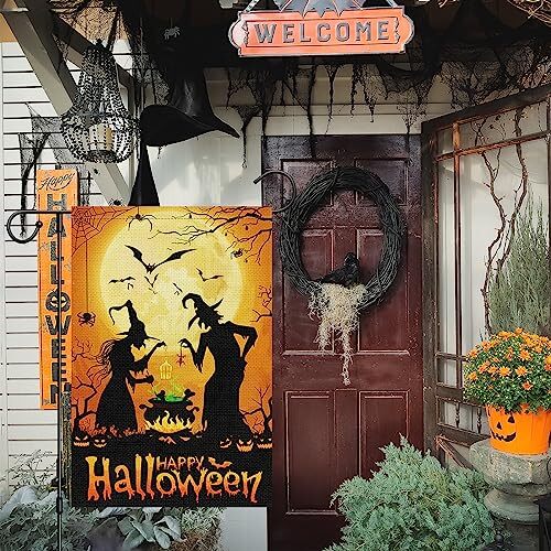 Happy Halloween Gartenfahne 12x18 doppelseitig, Sackleinen klein Willkommen - Bild 7 von 7
